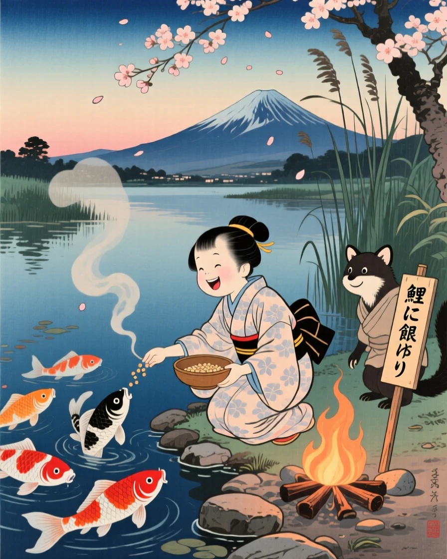 A child feeding koi laughing together around a warm campfire.