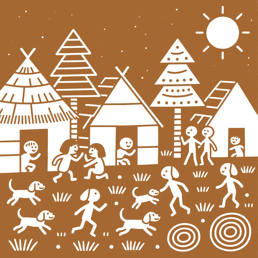 A group of playful puppies chasing children playing hide and seek behind a row of huts.
