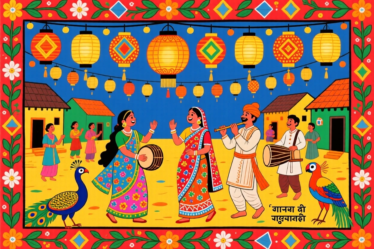 A grand New Year's gathering with lanterns lighting a village square.