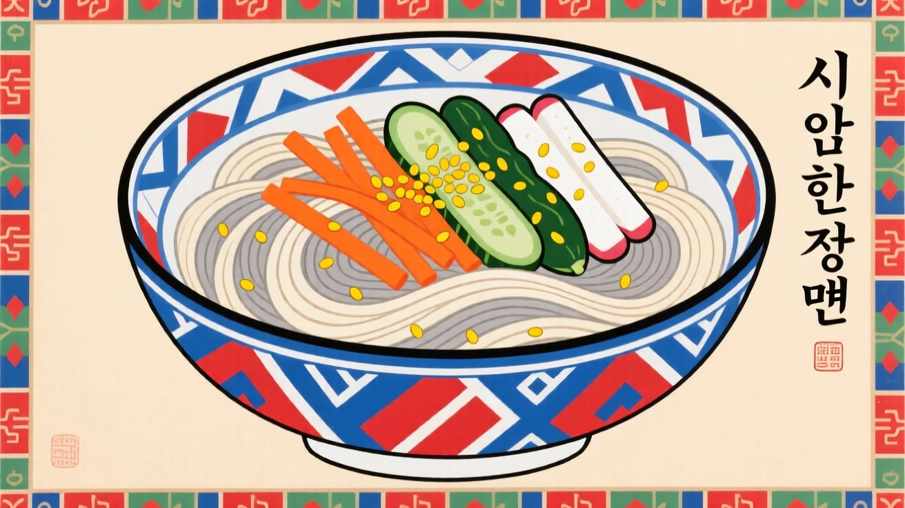 A bowl of cold noodles topped with julienned vegetables and sesame oil.