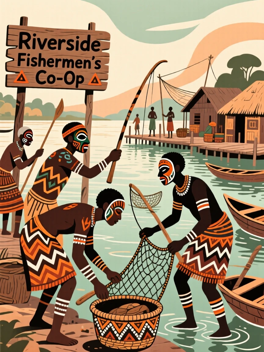 A busy morning at a riverside fishing village.