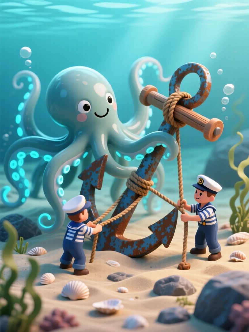A friendly kraken helping sailors retrieve a lost anchor from the ocean floor, tentacles glowing faintly blue.