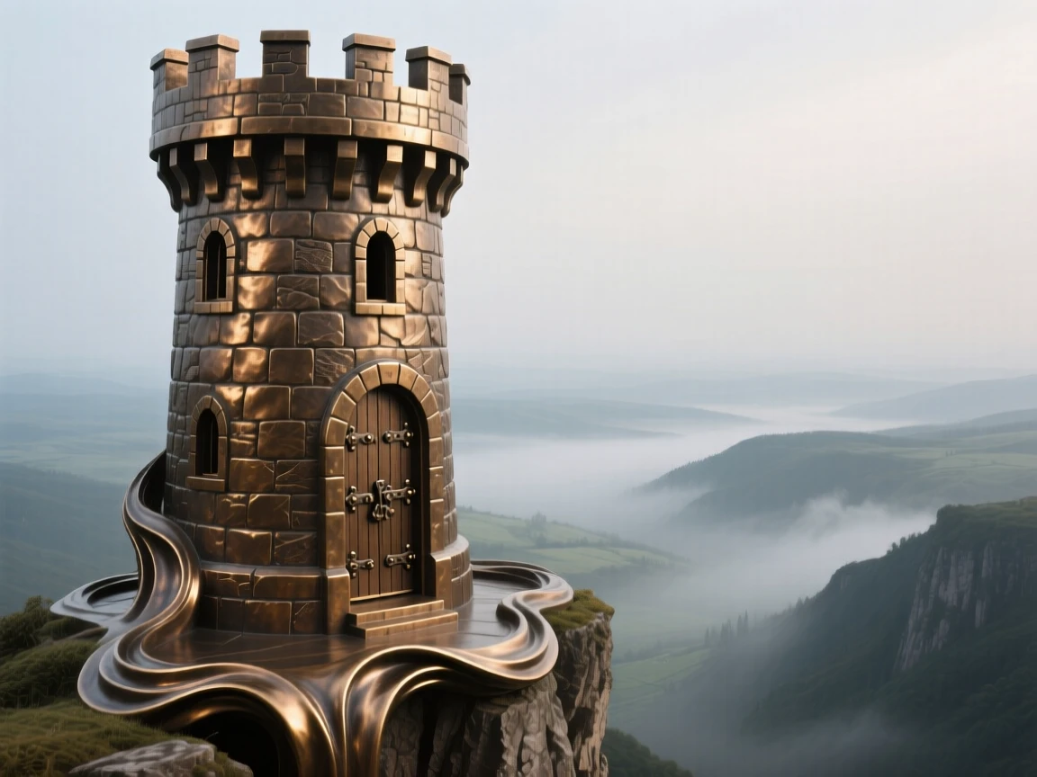 A majestic stone watchtower overlooking a misty valley, with a powerful sense of history and grandeur, exuding timeless grandeur