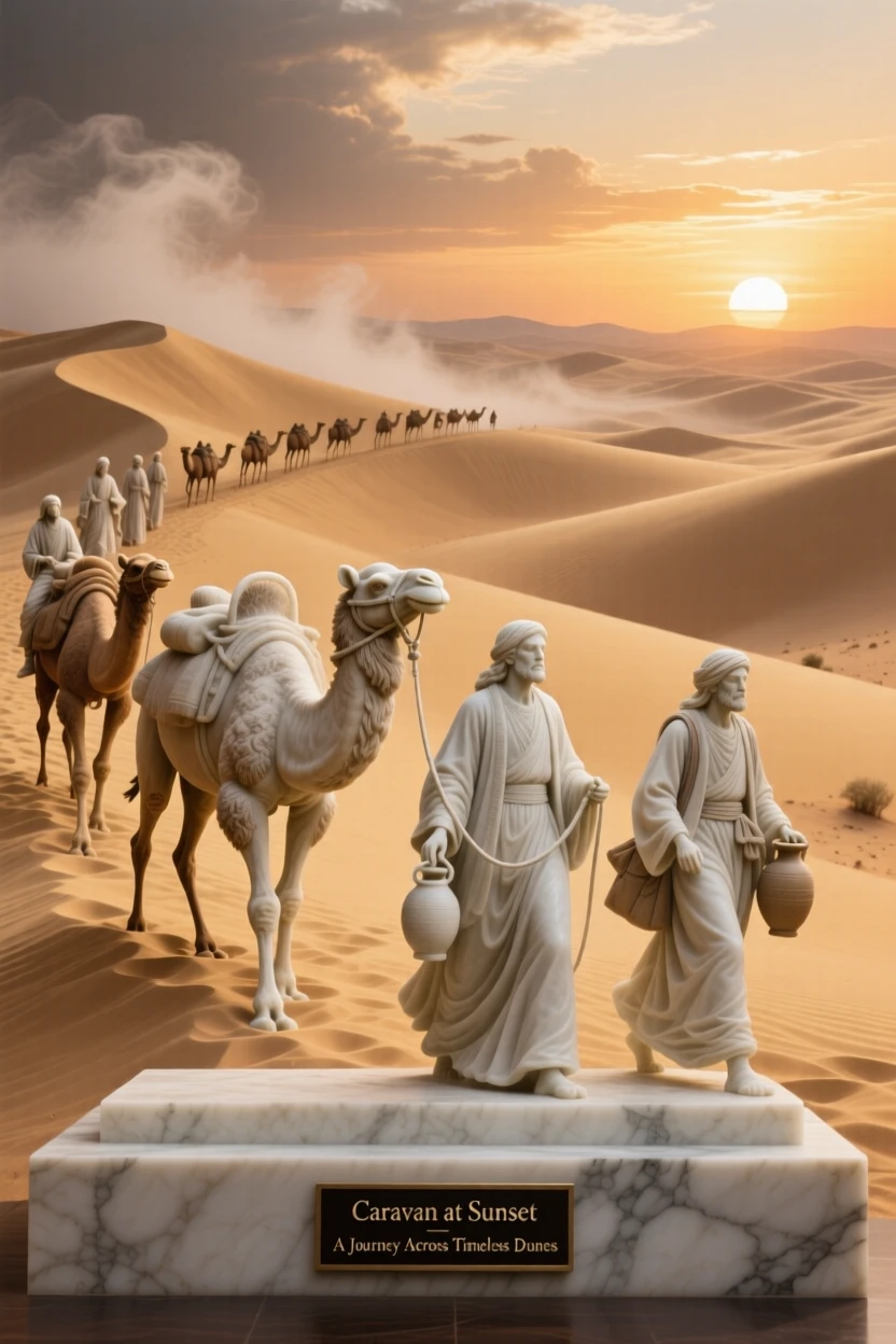 A beautifully composed image of a caravan crossing golden desert dunes at sunset, amid swirling clouds and mist, full of atmosphere and visual storytelling