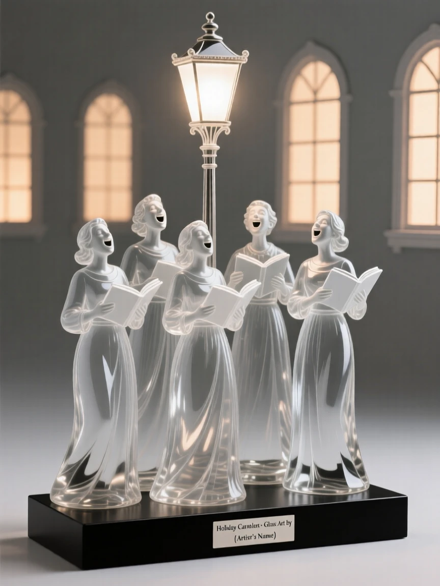 A group of carolers singing together beneath a streetlamp while warm light spills from every window nearby
