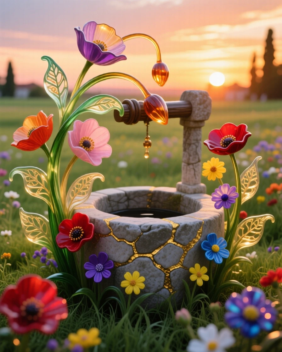 A field of blooming wildflowers surrounding an ancient stone well at sunset, idyllic and warm.