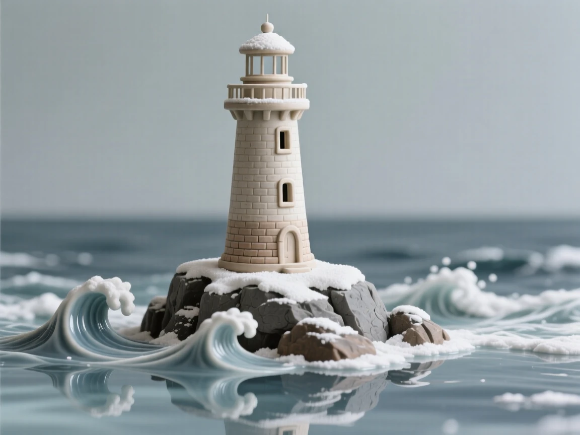 A lighthouse standing against crashing waves reflected in the still waters below, dusted lightly with fresh snow, stirring a sense of history and enduring beauty.