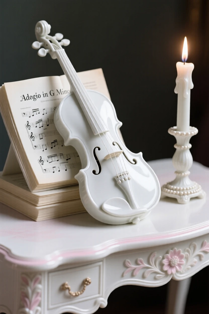 A refined still-life arrangement of a violin resting beside sheet music on an antique writing desk, a single candle casting gentle shadows.