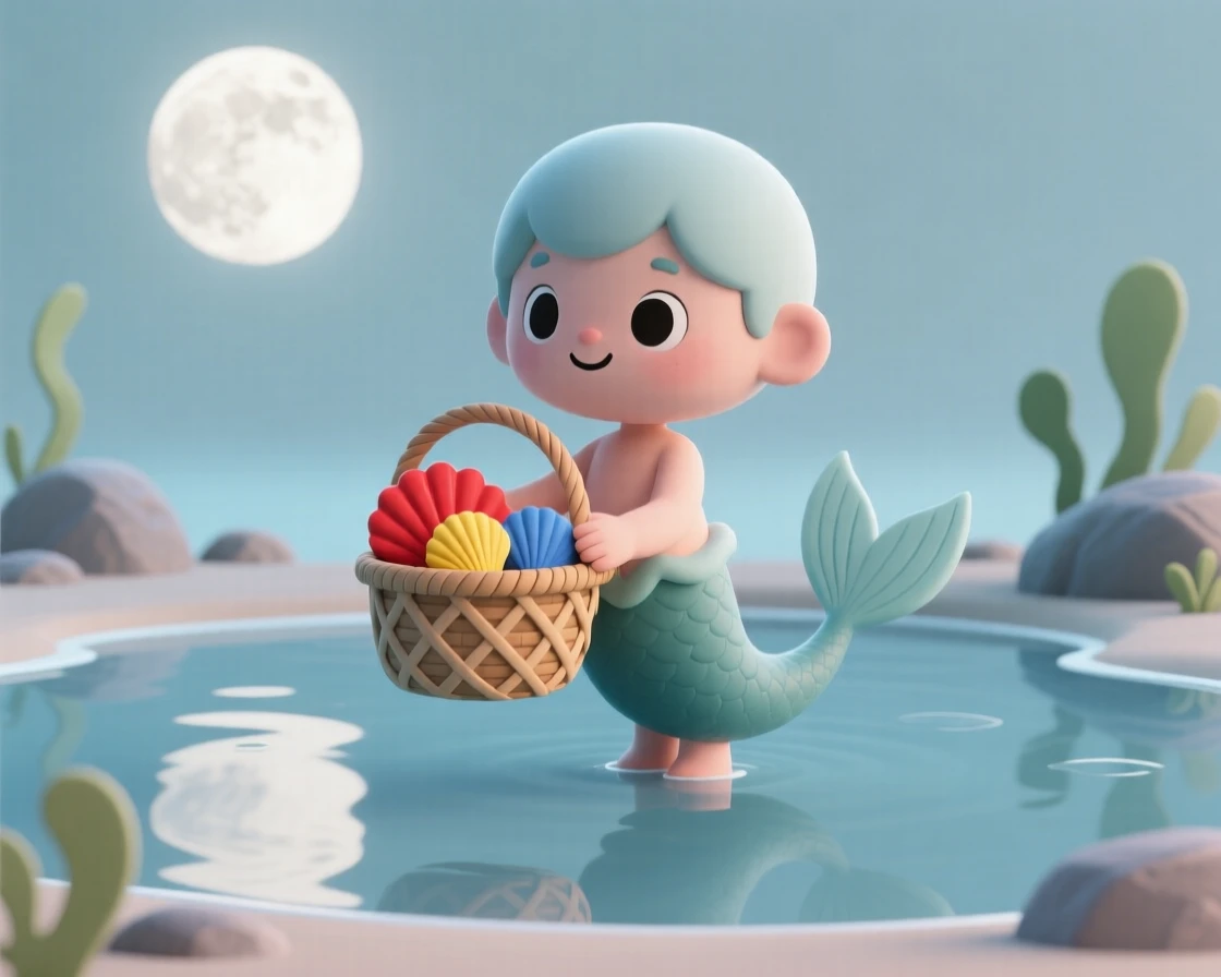 A curious mermaid child collects colorful seashells in a woven basket along a moonlit tide pool.