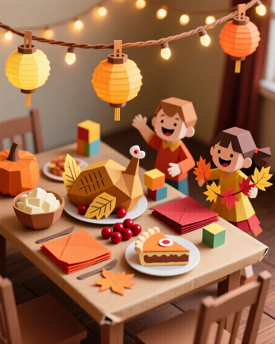 A festive Thanksgiving family table decorated with warm twinkling lights, with children laughing and playing nearby, evoking festive warmth and joy.