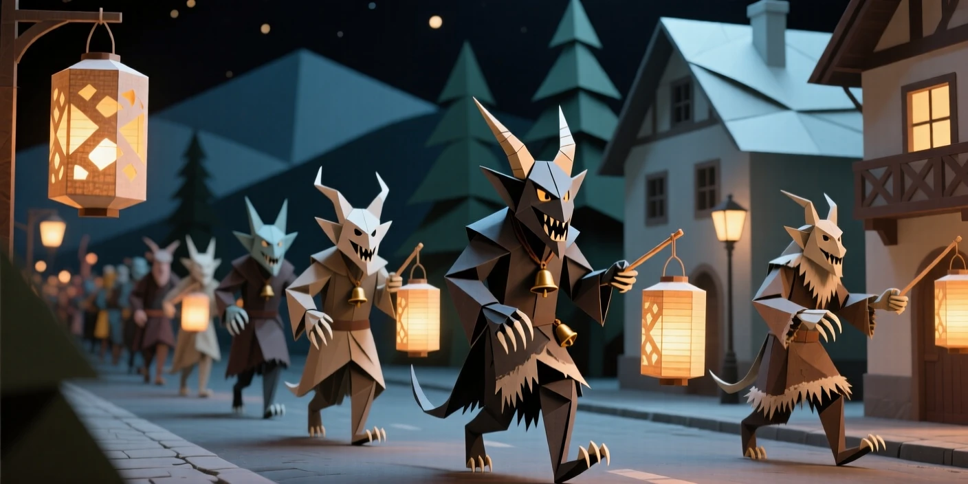 A Bavarian Christmas Krampusnacht parade scene with lantern-lit streets and costumed figures.
