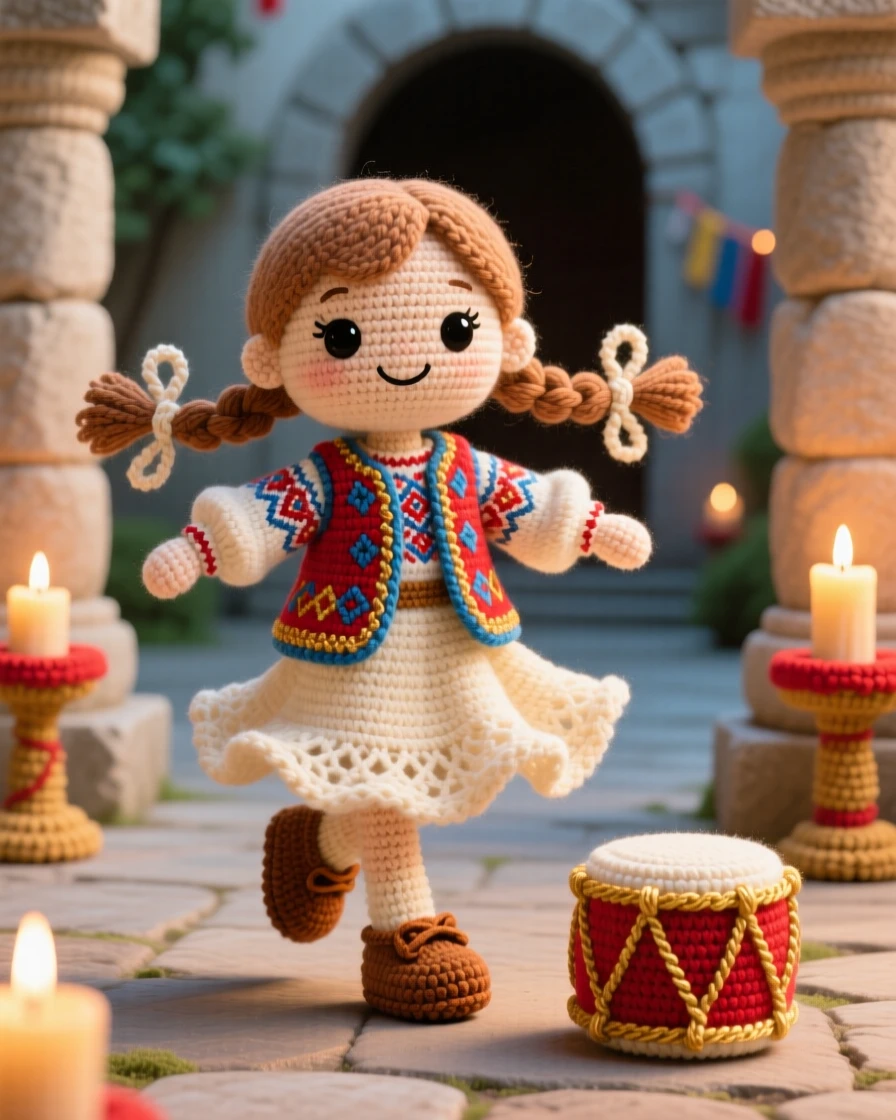 a little girl wearing a traditional embroidered vest, for a folk dance celebration, is shown spinning gracefully in a circle in a quiet temple courtyard glowing with candlelight beside a small drum resting nearby, capturing bright, celebratory warmth.