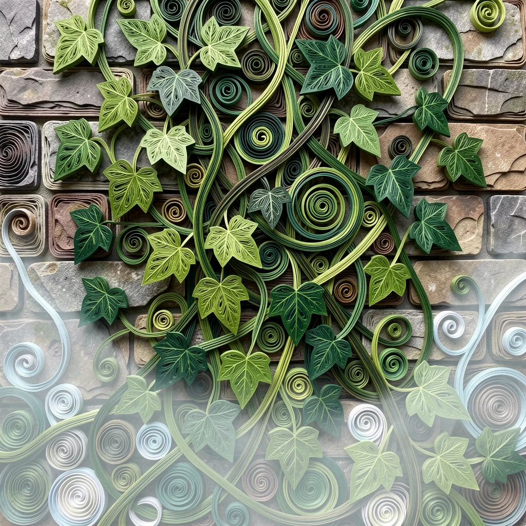 a tangle of wild ivy climbing a stone wall, in a botanical garden conservatory, spread across the frame in a lush, full composition, under a light mist rising from the ground.
