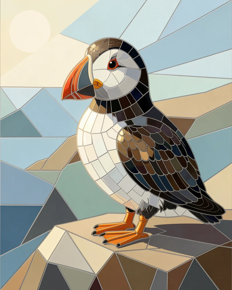 A close-up portrait of a puffin perched on a rocky coastal cliff, showing rich fur or feather detail and expressive eyes.