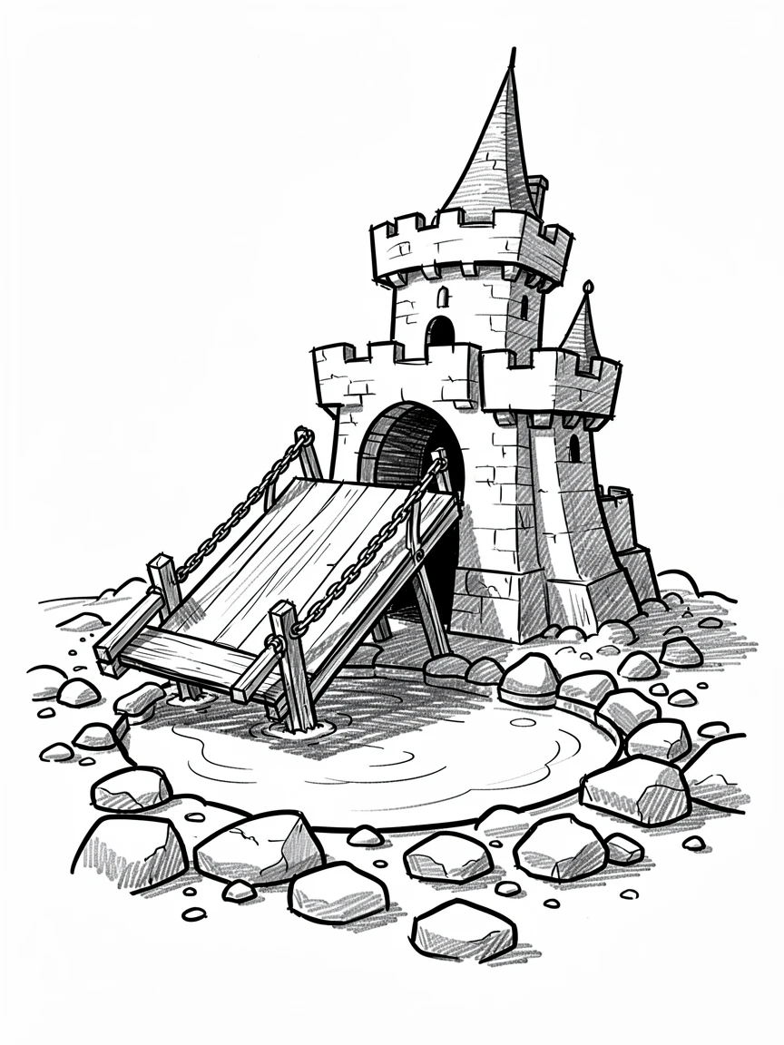 A castle drawbridge lowering over a moat on a rocky shoreline at low tide.