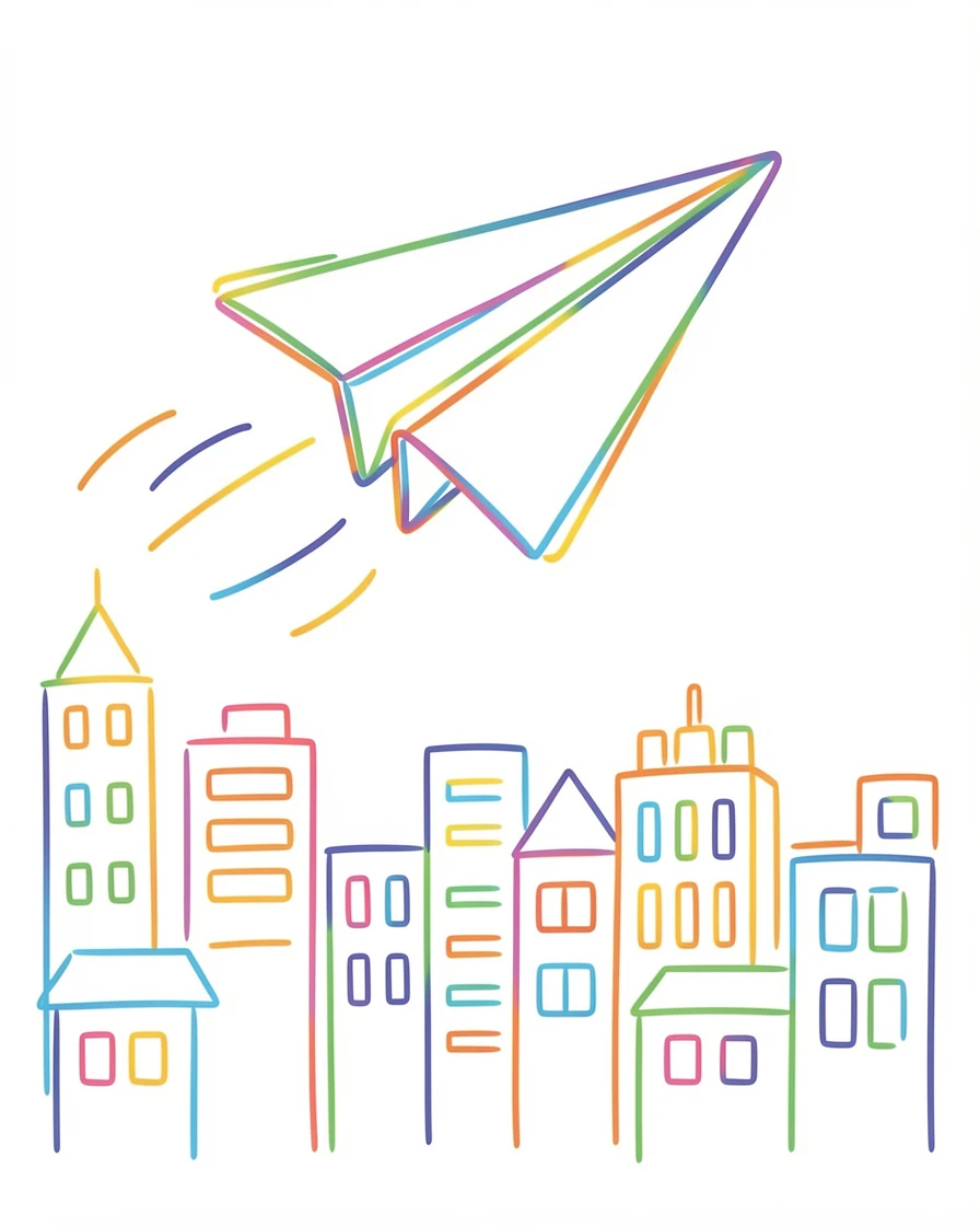 A single paper airplane soaring above a sunlit city skyline.