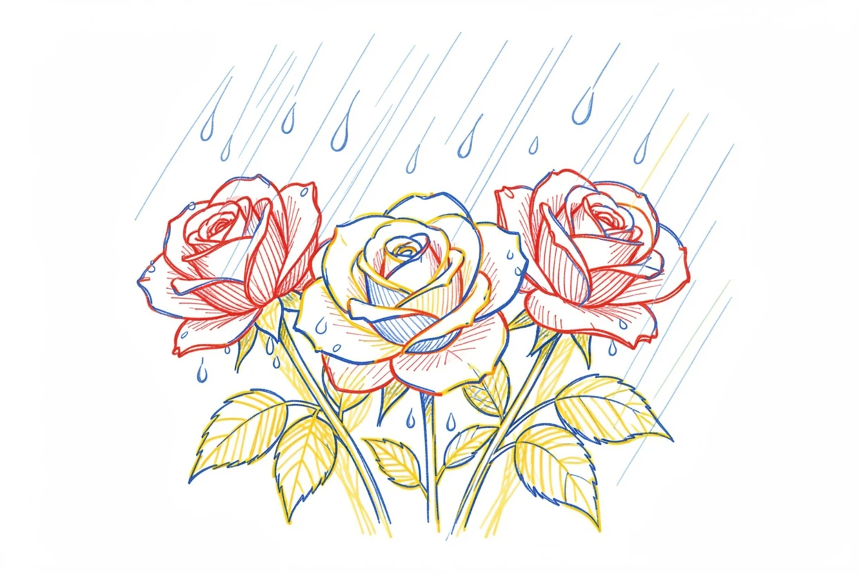 A spring morning shower leaving droplets on freshly bloomed roses