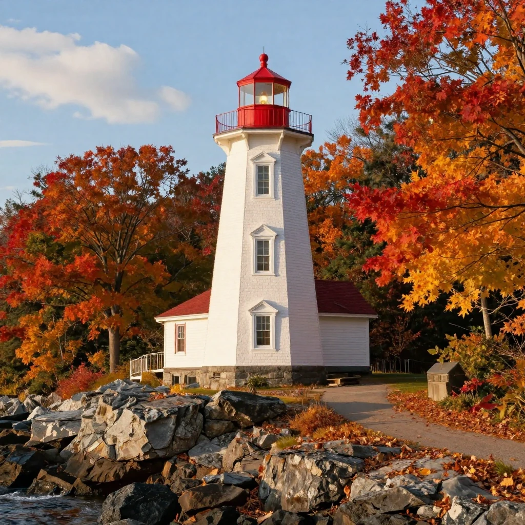 A New England lighthouse surrounded by autumn foliage