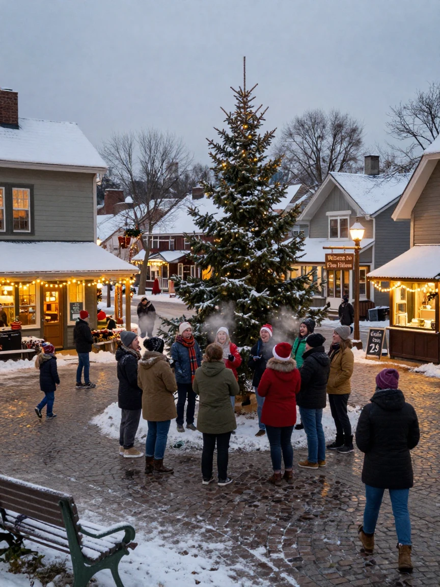 A snow-covered village glows with string lights as carolers gather around a town square tree.