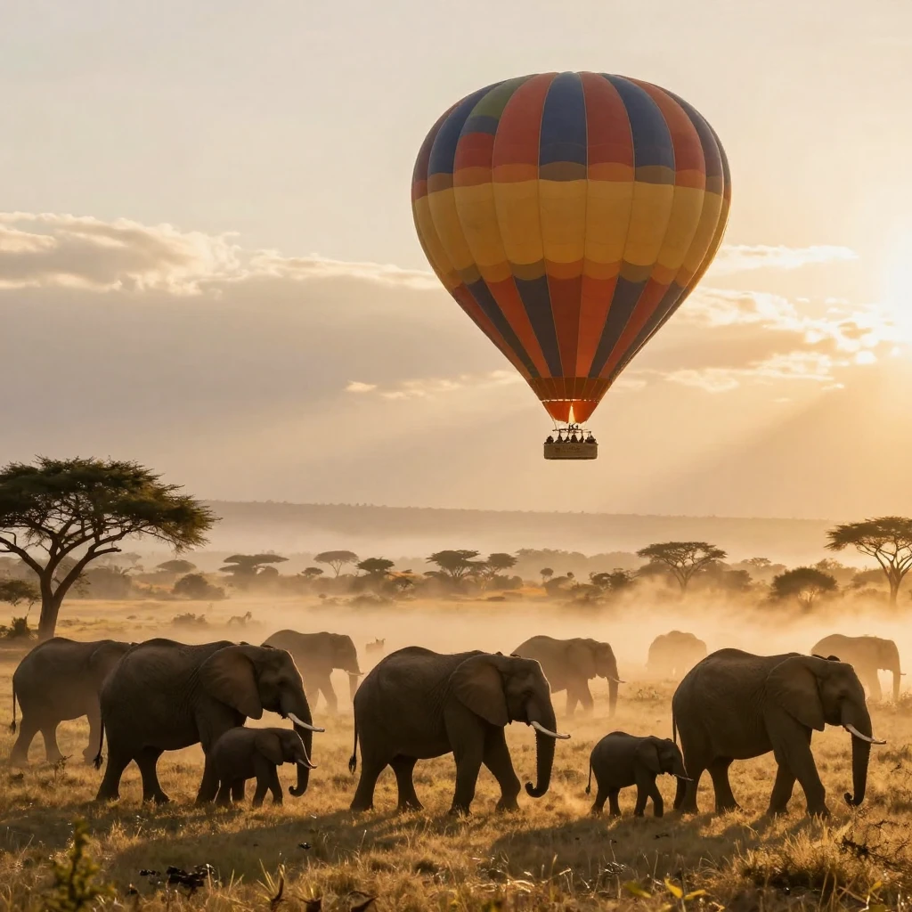A hot air balloon safari drifting silently over a herd of elephants at dawn