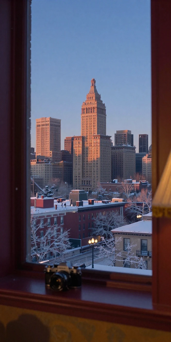 A city skyline glittering under a deep indigo night sky, at sunrise, on a clear, cloudless day, under the first snow of winter, with rich burgundy and gold accents, viewed from across the room.