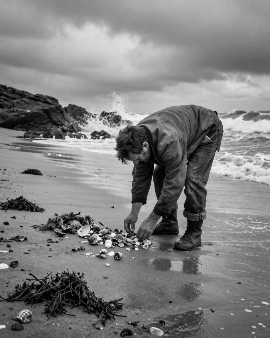 A beachcomber searches the shore for washed-up shells along a windswept coastline.