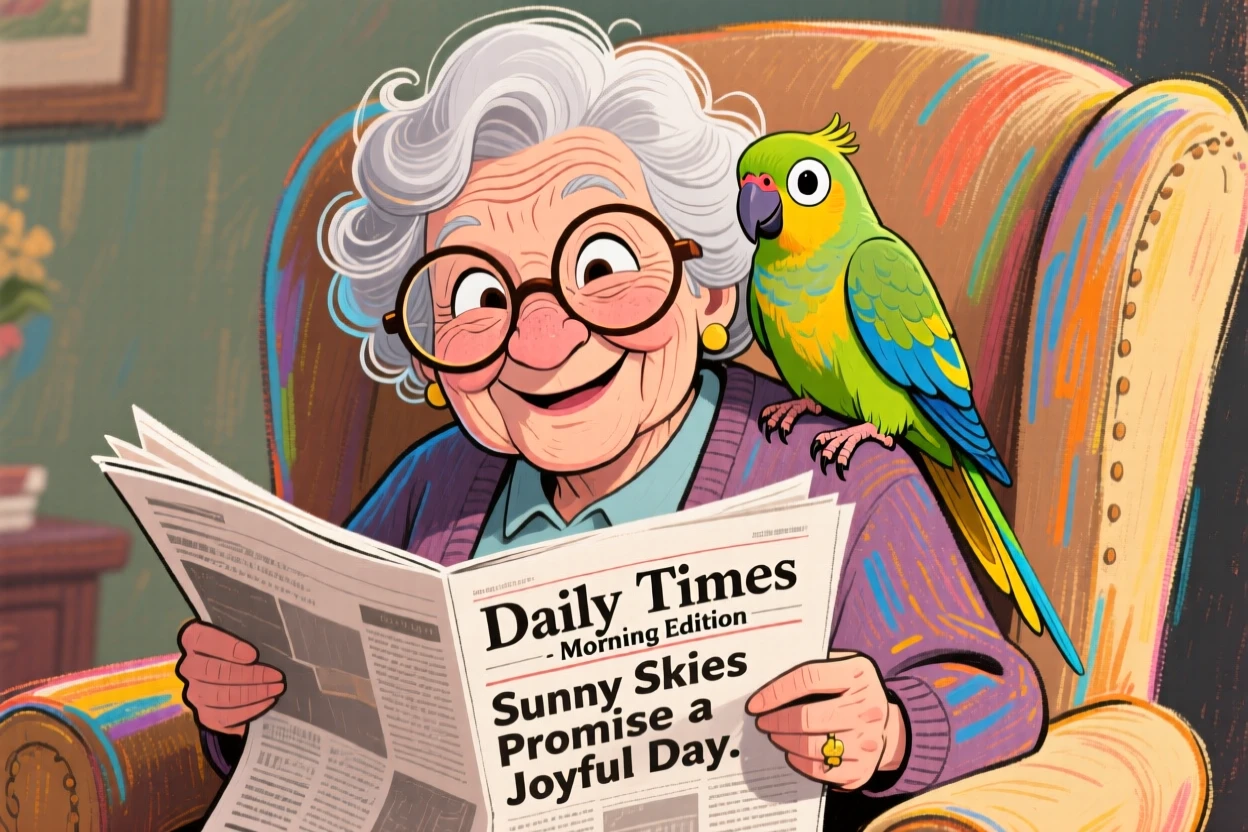 A grandmother's parakeet perched on her shoulder while she reads the morning paper.
