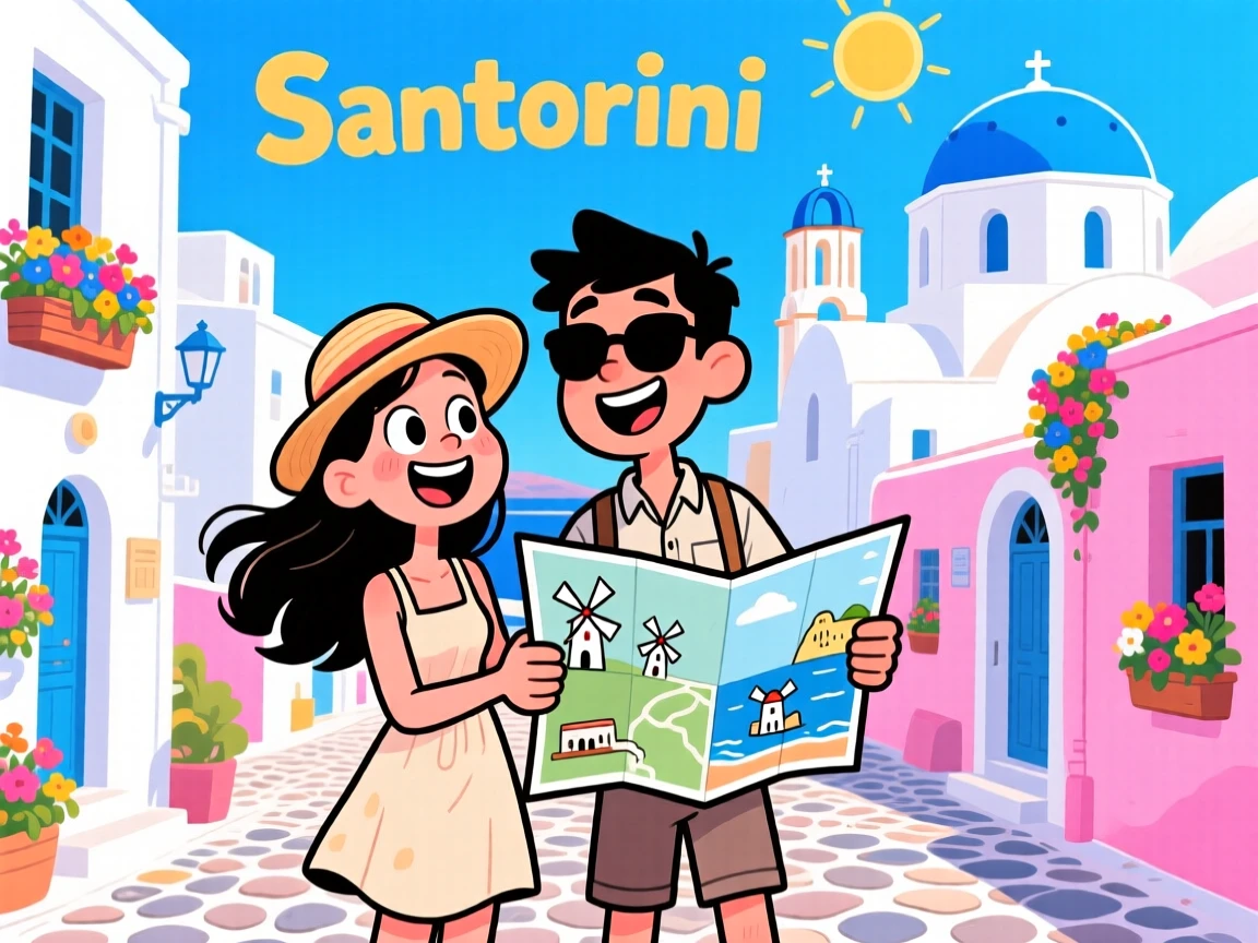 An iconic travel scene featuring a young couple wandering the colorful streets of Santorini, with a map slightly askew in hand.