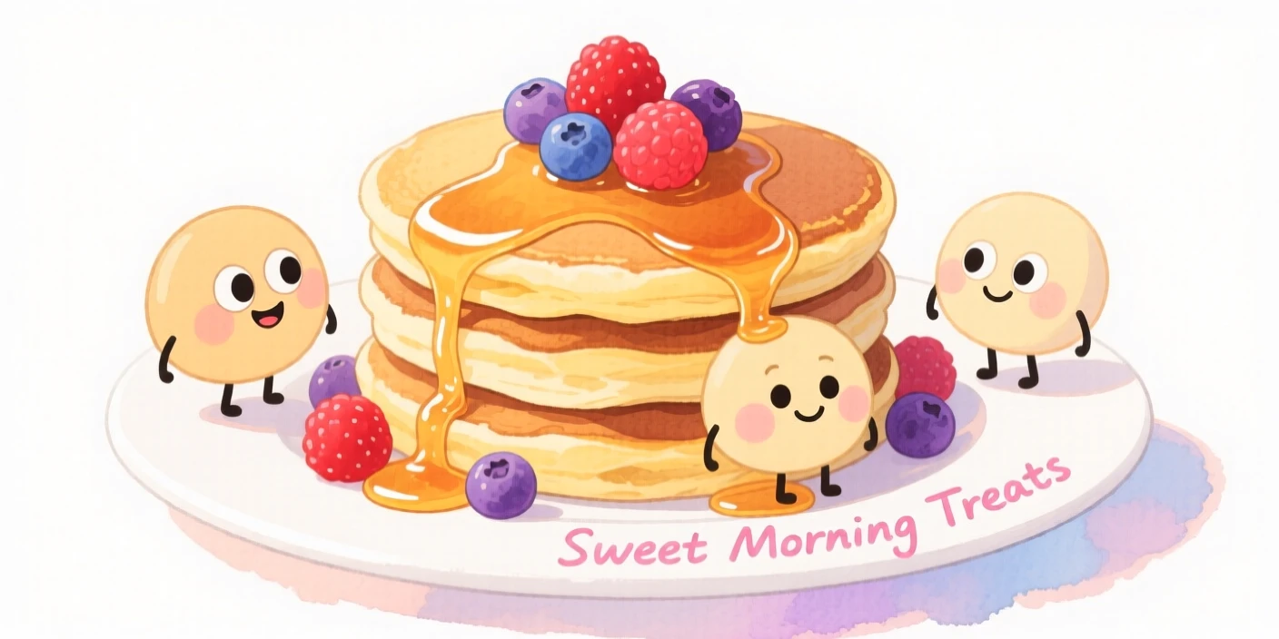 A cozy, appetizing, elegant and intimate scene of a stack of golden pancakes drizzled with syrup and berries
