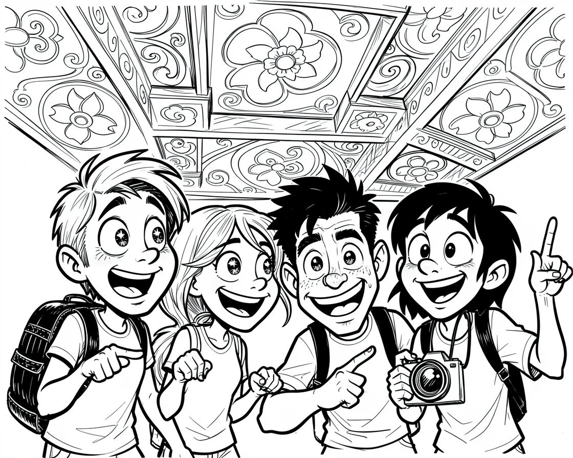 [Travel & Cultural Experiences] Vivid travel scene of a wide-eyed group of friends admiring an ornate temple ceiling, full of wonder and adventure