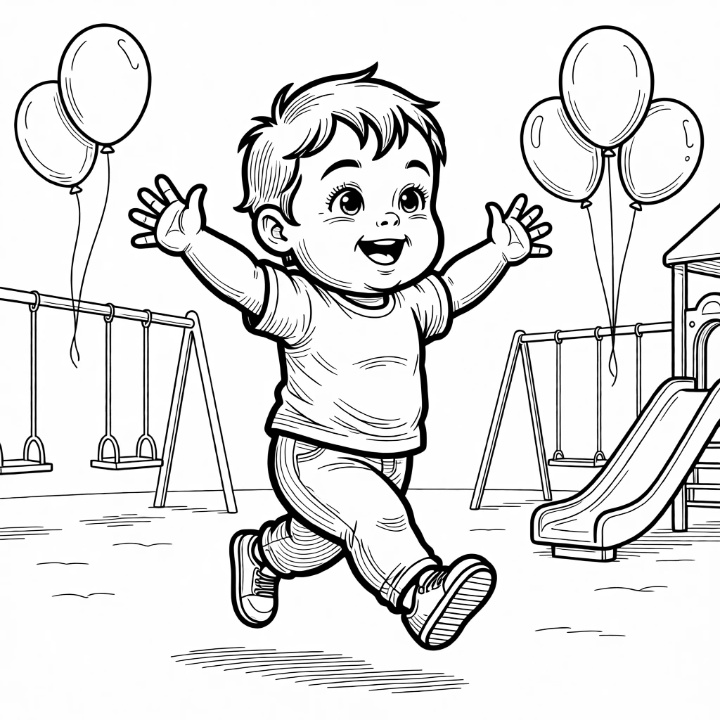 A toddler taking his very first wobbly steps, leaping with both arms outstretched to catch one, set on a school playground at recess. Balloons bob gently in the background. The image radiates the carefree magic of being young.