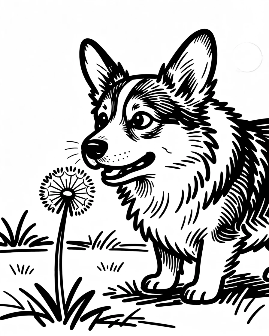 A fluffy corgi curiously sniffing a single dandelion in a sunny backyard.
