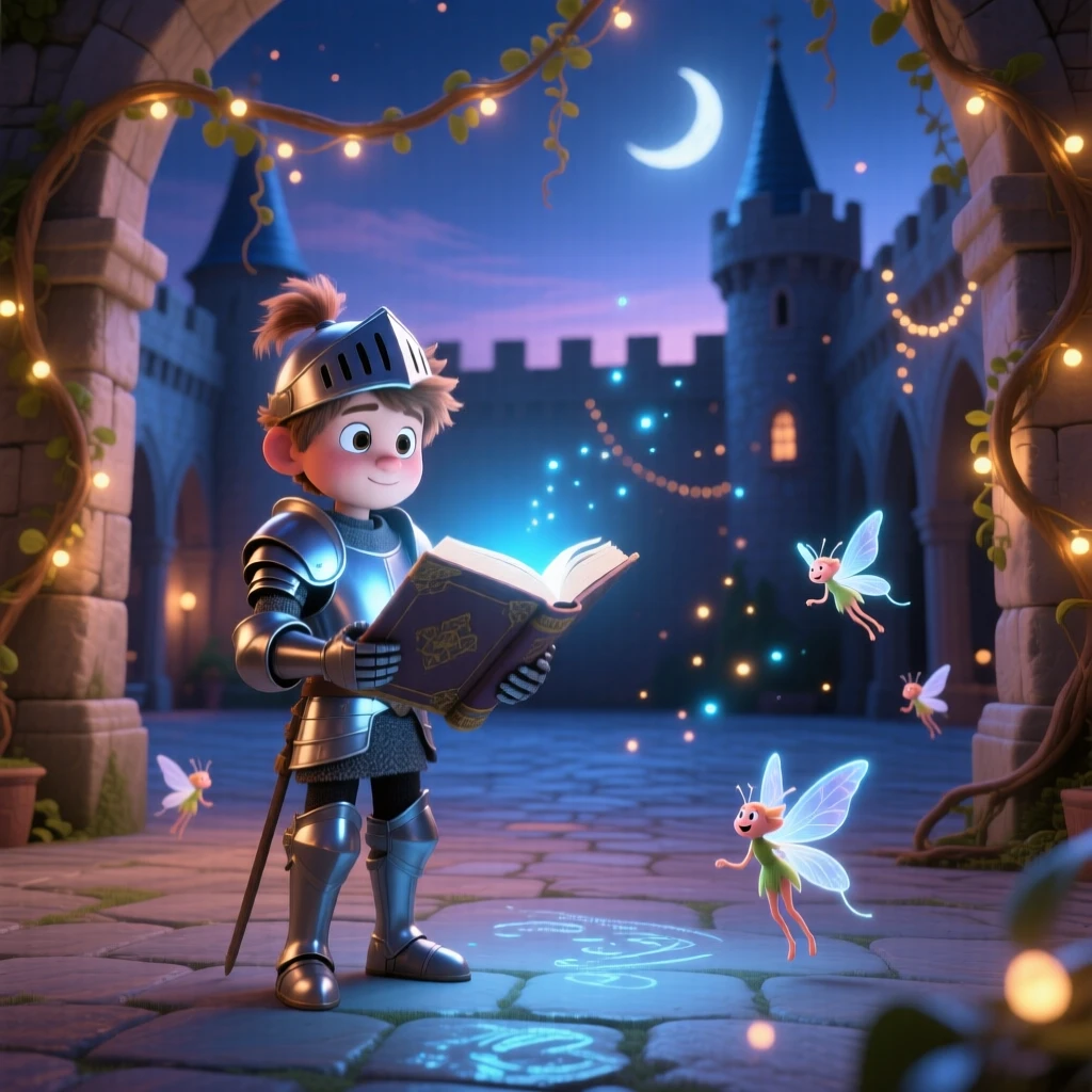 A knight in silver armor stands in a castle courtyard draped in twinkling vines, reading from an ancient glowing book. A quiet magic hums softly throughout the scene, with delicate wings catching the moonlight.
