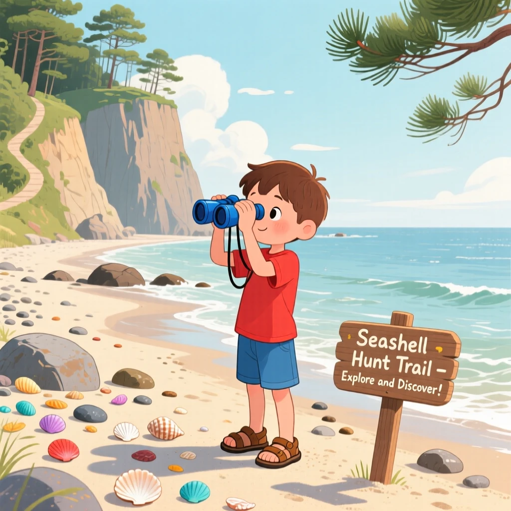 A boy with binoculars pauses while searching for shells along a quiet shoreline in a coastal cliffside trail, with the scent of pine drifting on the wind.