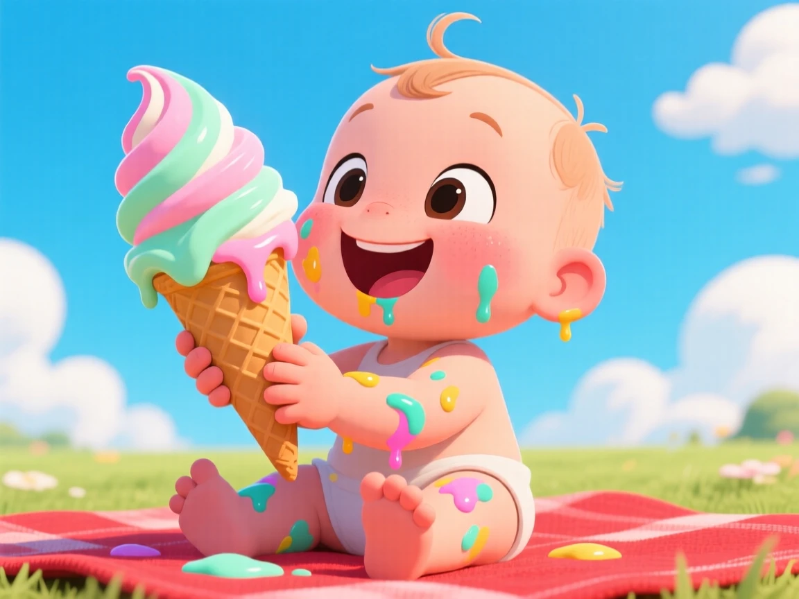 A toddler's first taste of ice cream, face covered in delight.