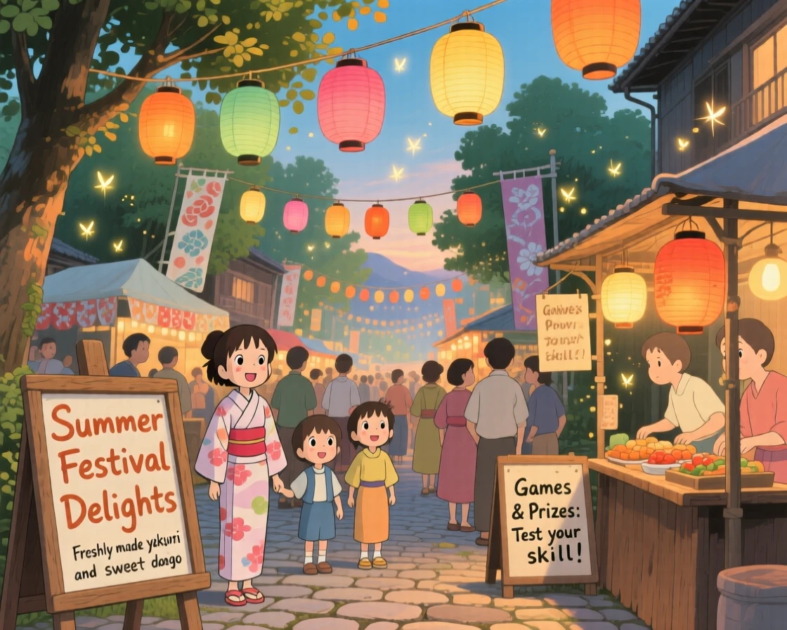 A summer scene of a lively festival with paper lanterns strung above a crowded street, with a gentle breeze stirring the scene.