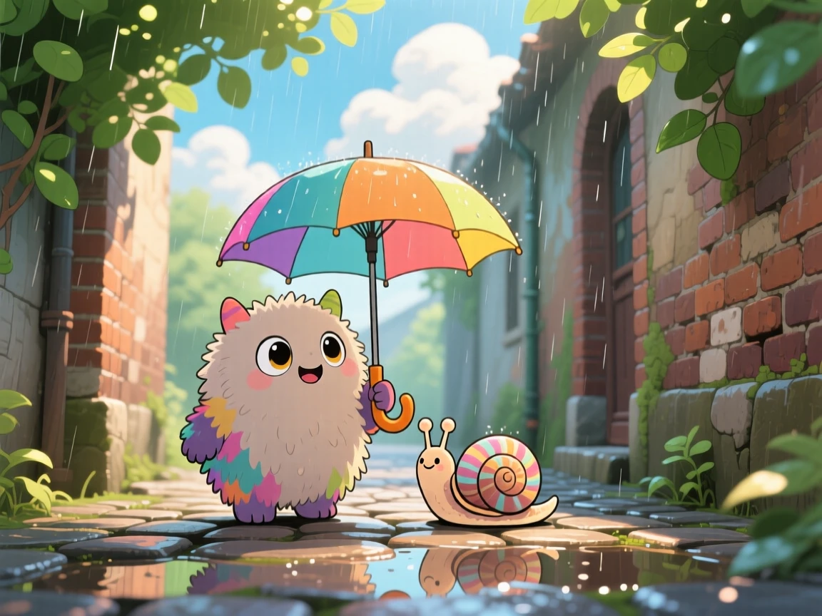Over-the-shoulder view of a small fuzzy monster, sharing its umbrella with a snail, in a rainy cobblestone alley, beneath fluffy drifting clouds, illuminated by dappled sunlight through a canopy, radiating curious excitement.