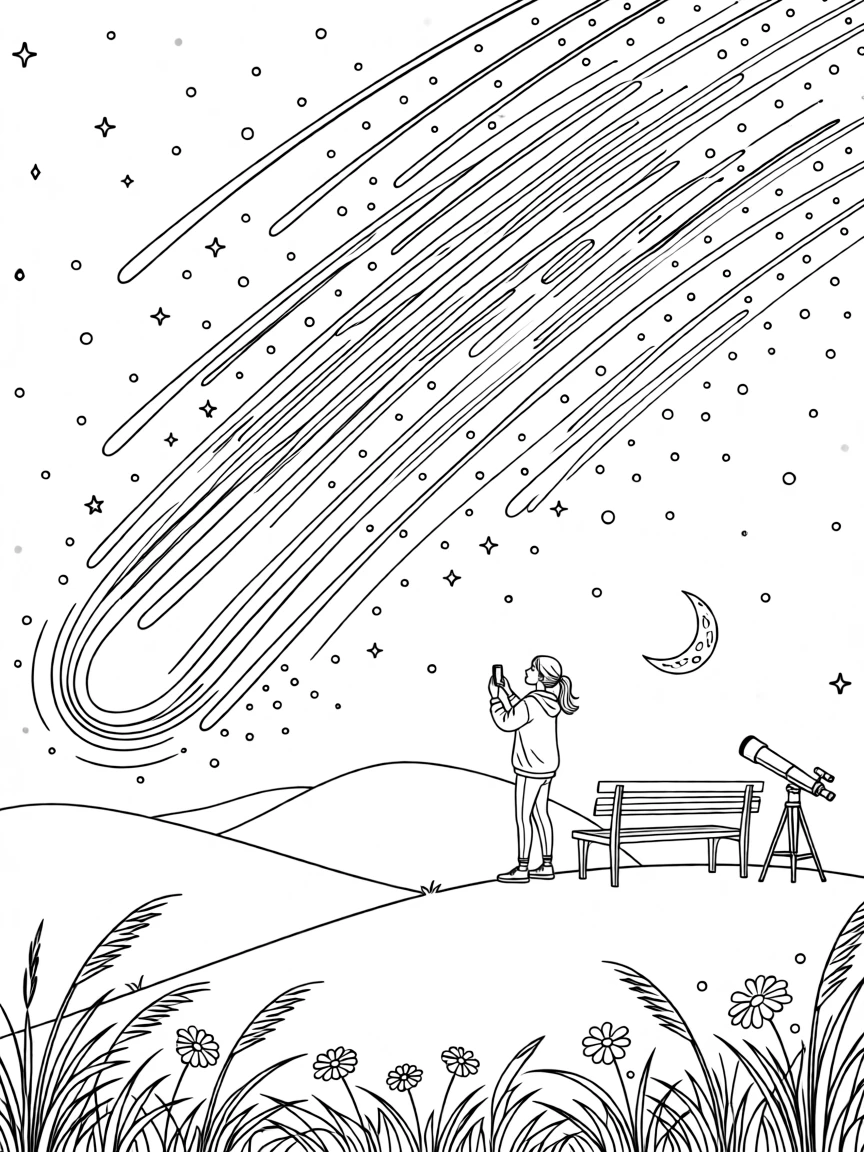 A meteor shower streaking across a night sky, with distant stars scattered like glitter across the sky.