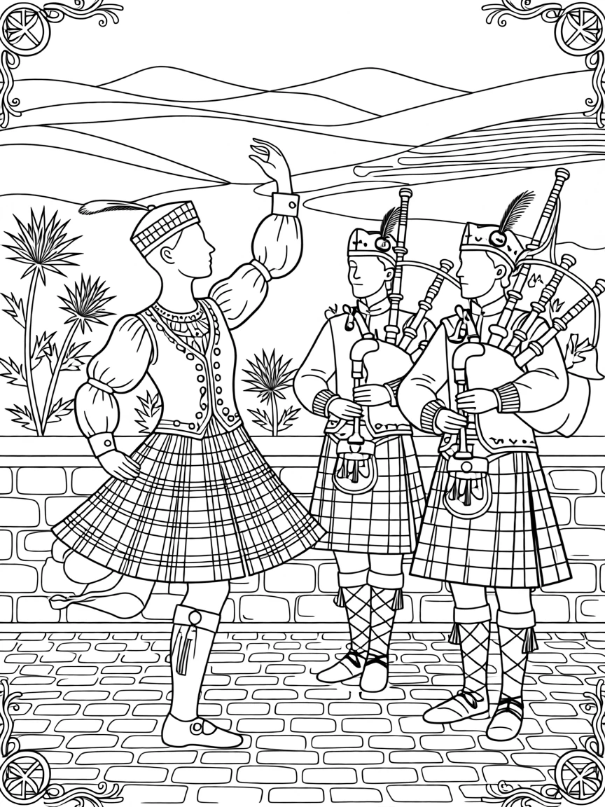 A Highland dancer in tartan performing beside bagpipers.
