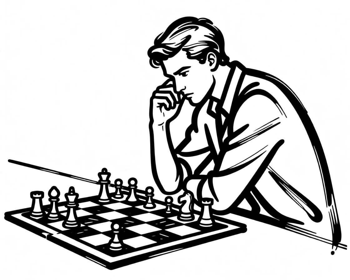 A chess player deep in thought over a mid-game board.