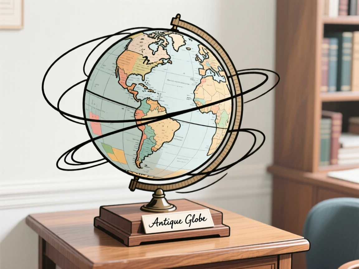 An antique globe resting on a wooden stand in a study.