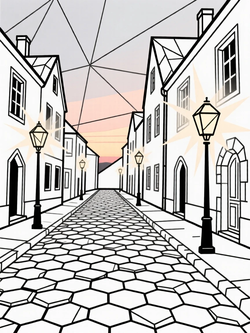 A cobblestone street in an old European town at dusk