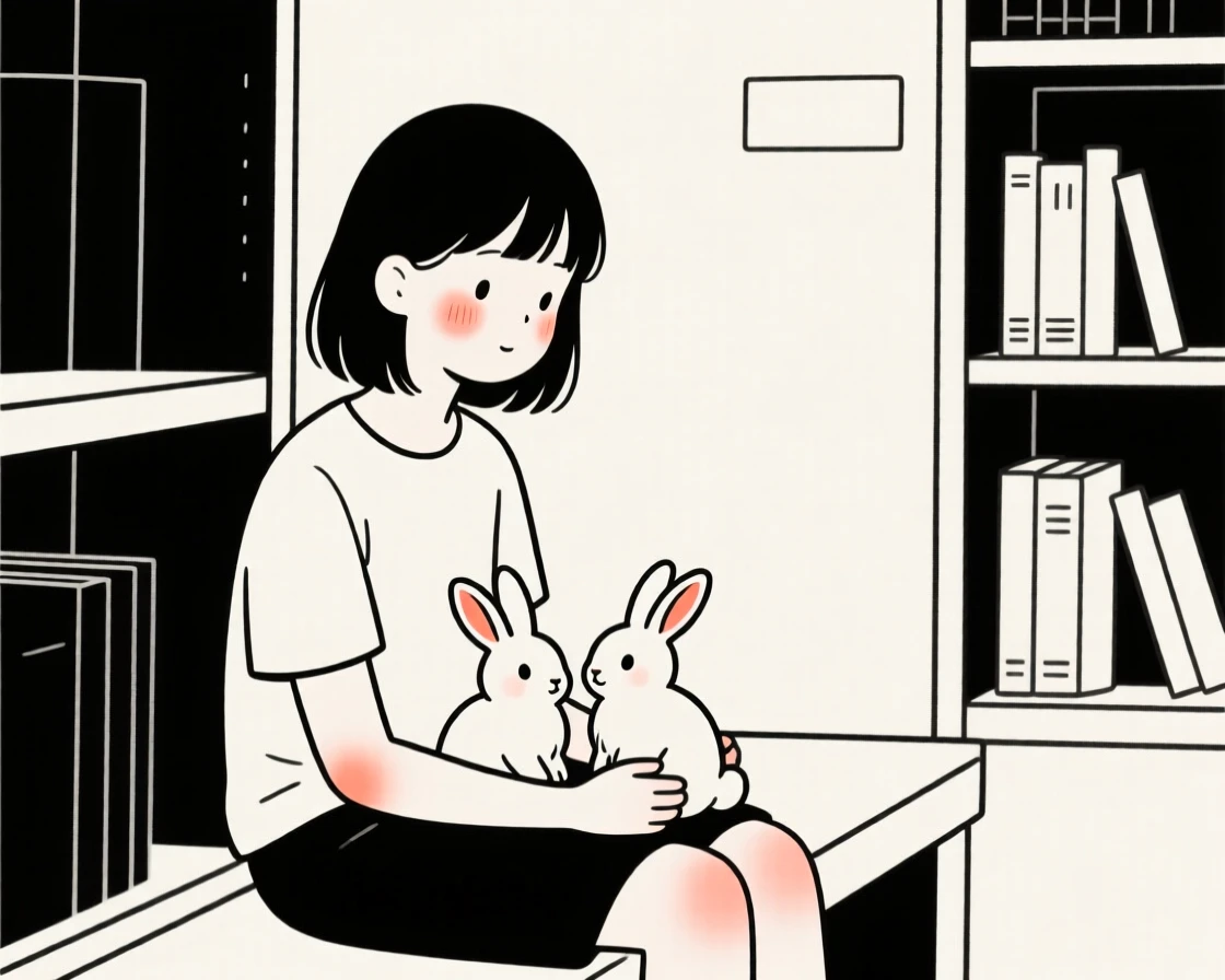 A teenage girl with a pair of bunnies, looking serene and at peace, in a quiet library.
