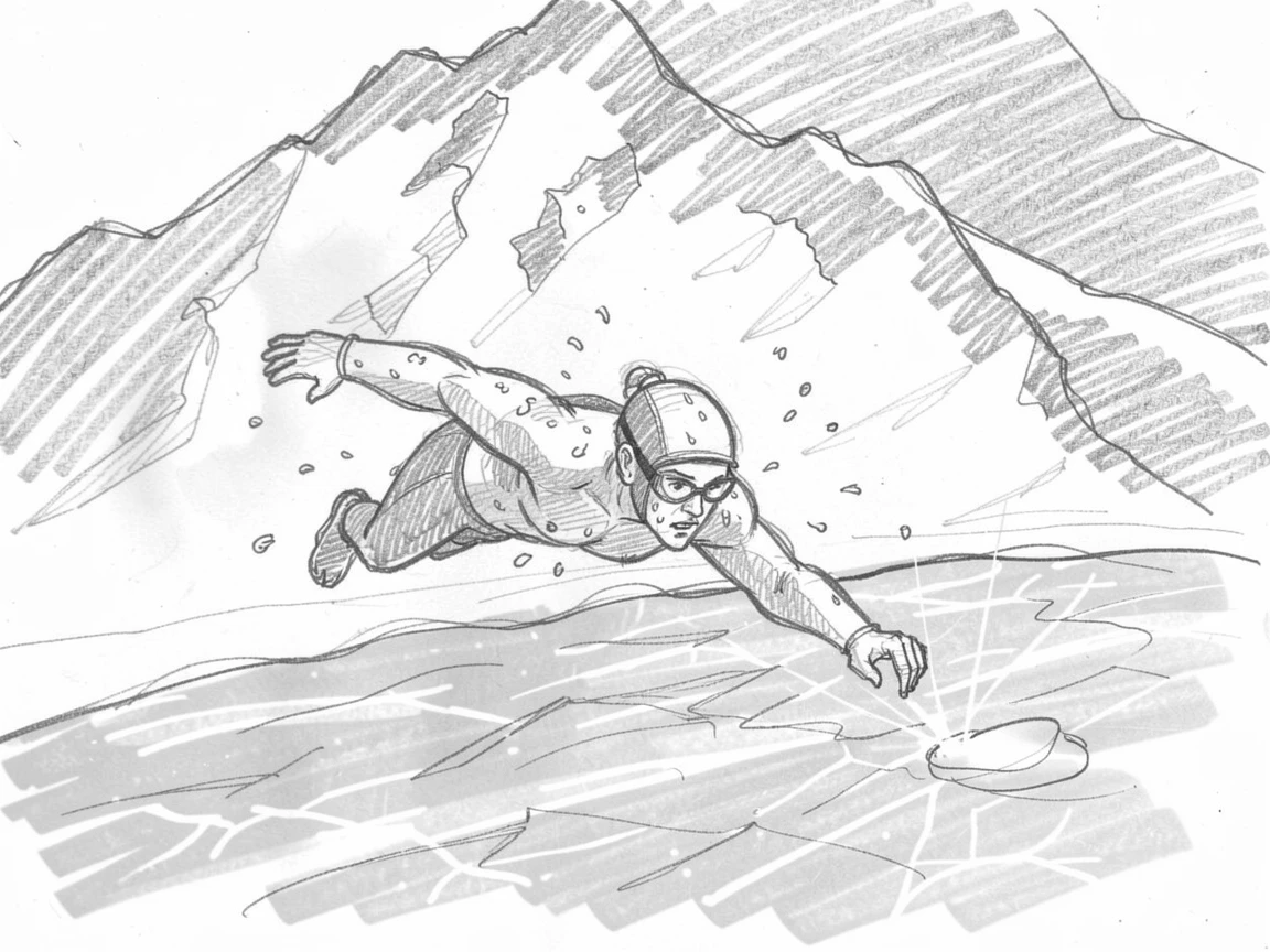 An energetic scene of a diver plunging into crystal-clear water atop a snowy mountain peak, with sweat and sunlight glistening together.