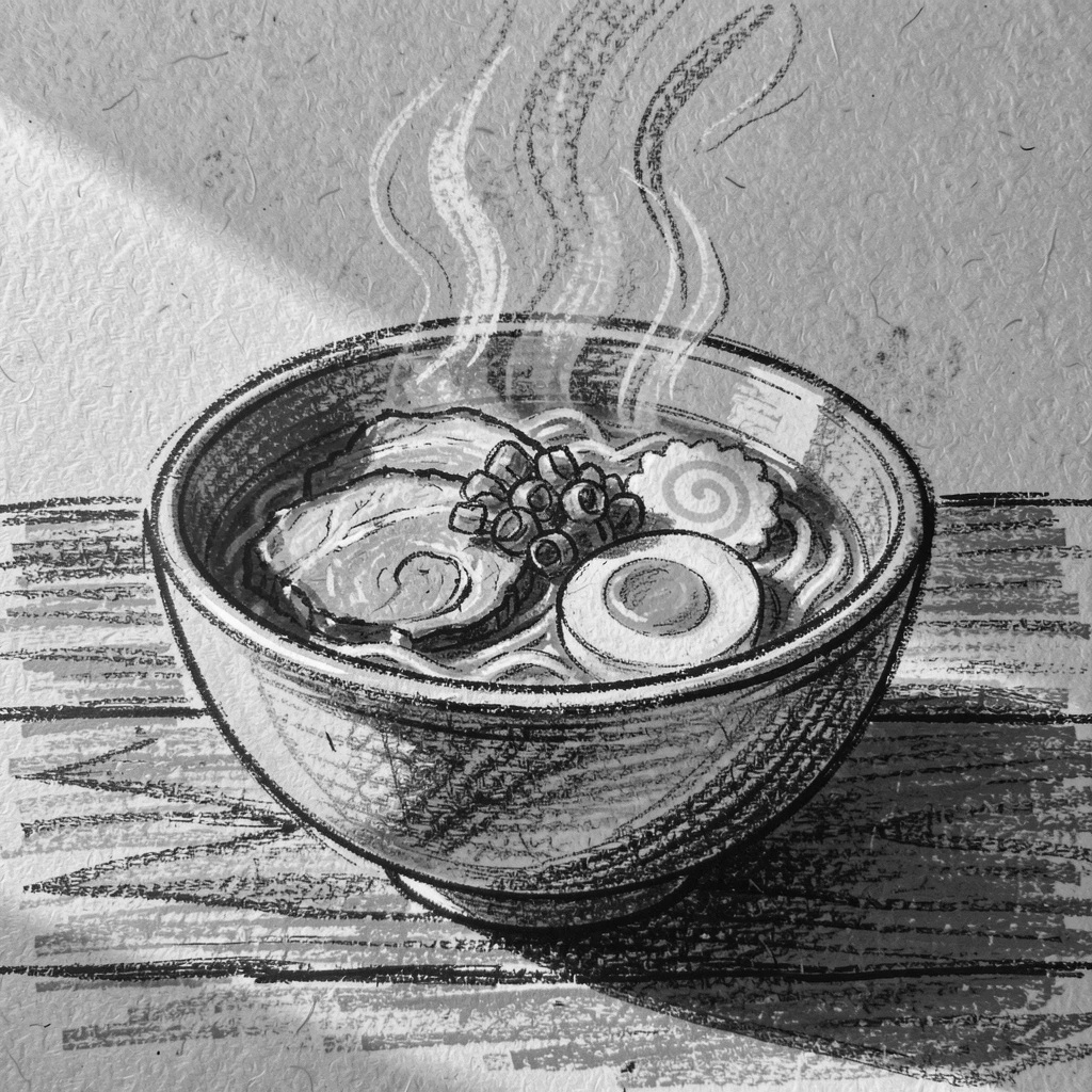 A steaming bowl of ramen with all its colorful toppings, as golden afternoon sun spills across the scene.