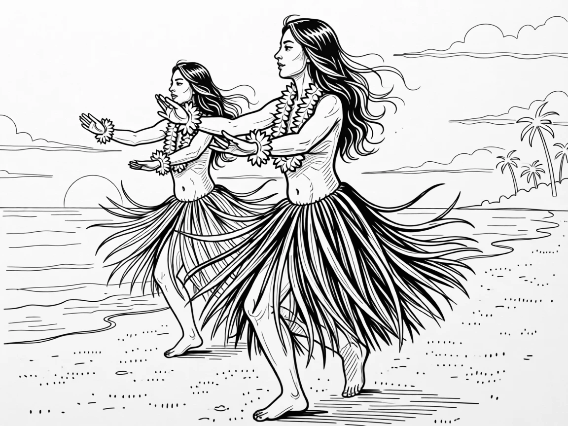 A traditional Hawaiian hula dance performed on a sandy beach at sunset.