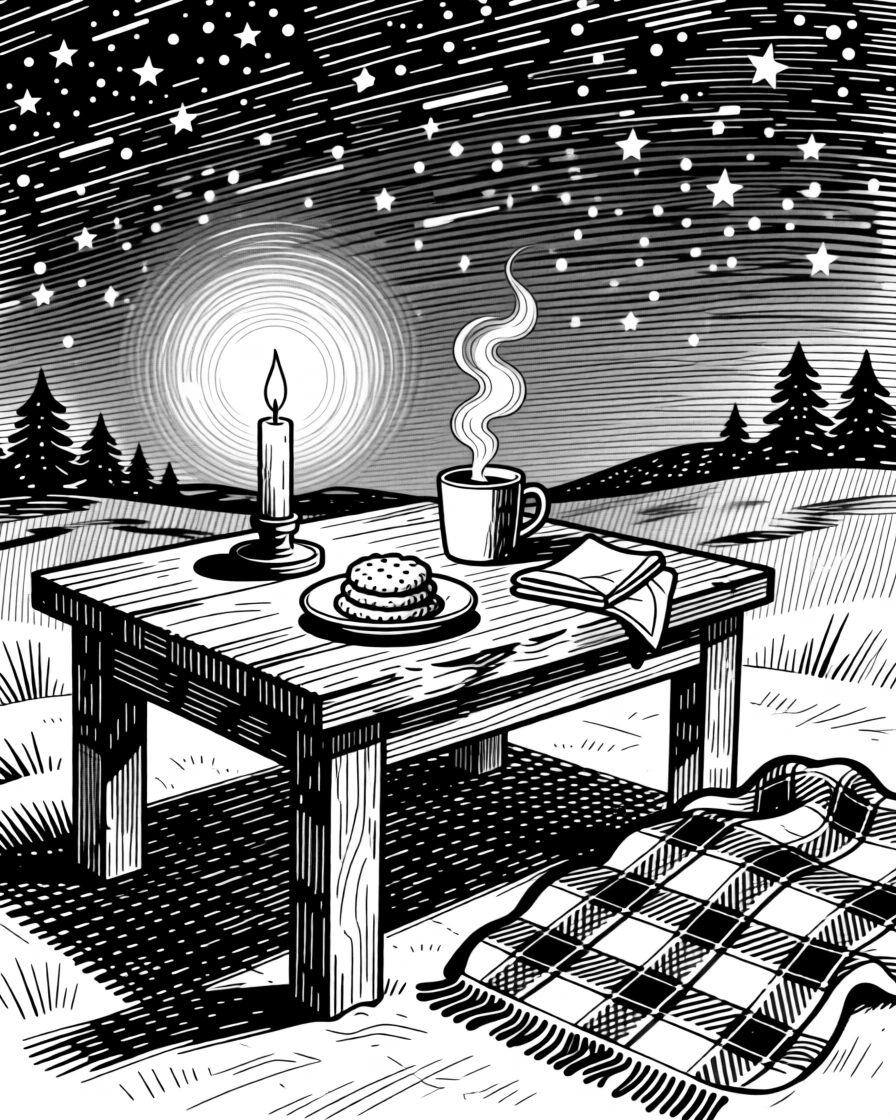 A candlelit table set for a winter celebration beneath a sky full of summer stars, with a plaid blanket spread nearby, capturing a joyfully nostalgic seasonal moment.