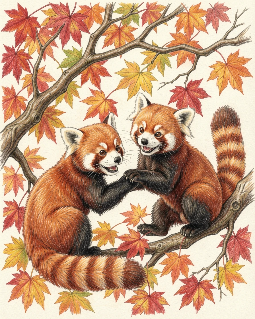A pair of red pandas playing among autumn maple branches, with soft, natural light bringing warmth to every detail, designed to feel inviting, memorable, and shareable.