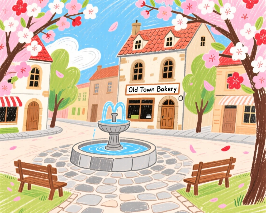 A view of a historic town square framed by blooming cherry trees in spring.