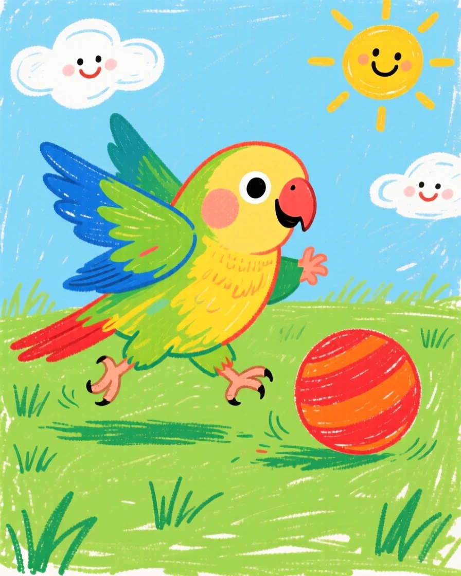 A parakeet with bright feathers fetching a rubber ball across the lawn.